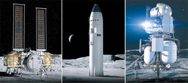 미국 항공우주국(NASA)이 2024년 우주인을 달로 보낼 착륙선 개발 후보로 채택한 기업 3곳이 제시한 상상도. 왼쪽부터 방위 업체 다이네틱스, 스페이스X, 블루오리진의 착륙선. 사진/NASA스페이스플라이트