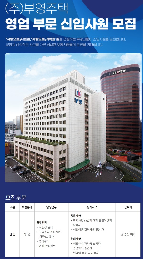 부영그룹, 영업본부 신입사원 공채 시작