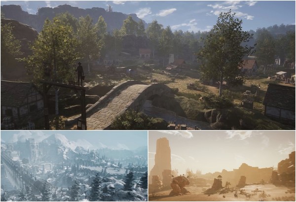 아키이에지 워의 인 게임 속 다양한 필드 전경.