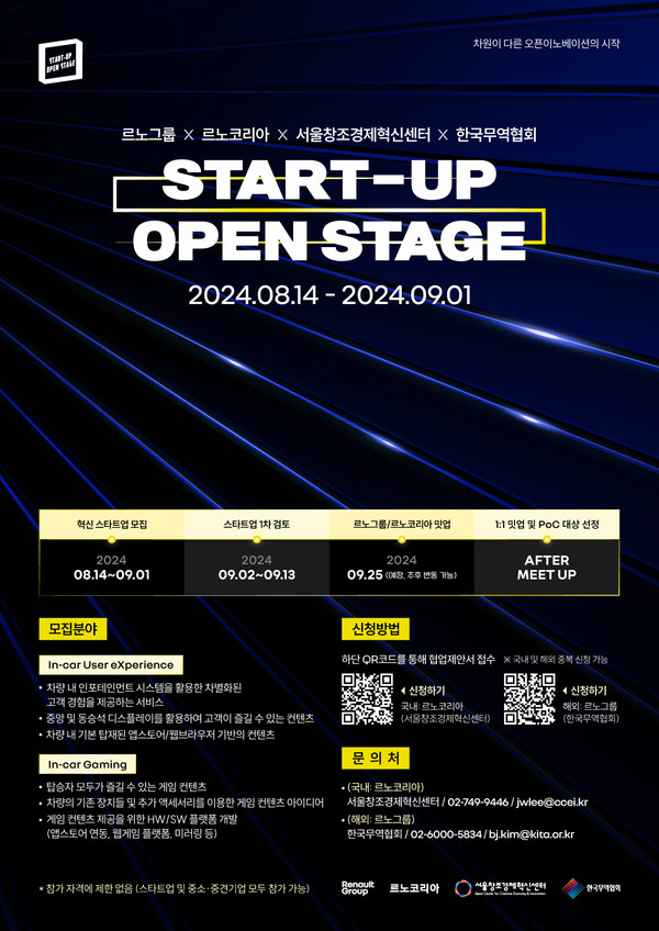 르노코리아가 르노 그룹, 서울창조경제혁신센터, 한국무역협회와 함께 '2024 스타트업 오픈스테이지'를 개최하고 미래차 기술 협업을 위한 유망 스타트업 모집에 나선다. 사진/르노코리아