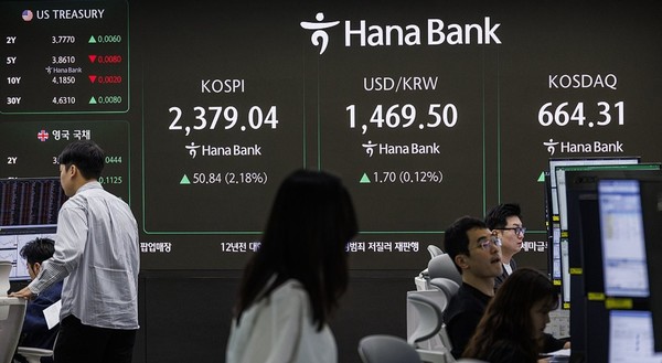 8일 오전 서울 중구 하나은행 딜링룸의 전광판에 이날 거래를 시작한 코스피와 코스닥지수·원달러 환율이 표시돼 있다. 사진/연합뉴스