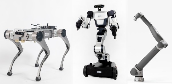 (사진 왼쪽부터)레인보우로보틱스가 기존에 개발한 4족로봇, 이동형 양팔로봇, 협동로봇. 사진/삼성중공업