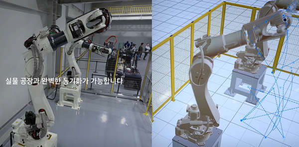 NVIDIA 옴니버스 기술을 활용해 가상현실 속에서 실제 공장 설비와 연동한 디지털 트윈 시뮬레이션을 진행하는 장면. 사진/현대자동차그룹