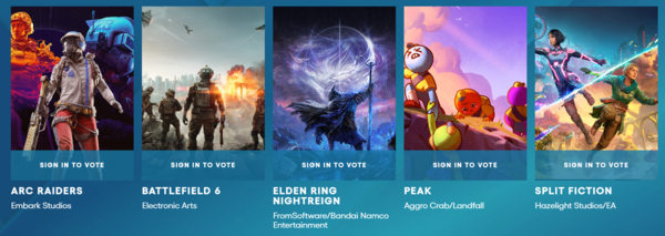 올해 더 게임 어워드 '최고의 멀티플레이어 게임' 부분 후보작. 왼쪽부터 아크 레이더스, 배틀필드 6, 엘든링 밤의 통치자, 피크, 스플릿 픽션.